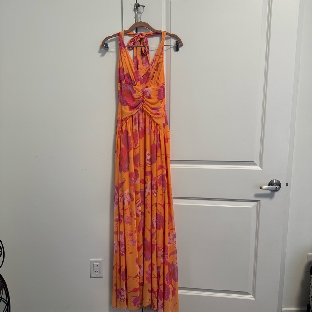 Floral Orange and Pink Halter Maxi Dress